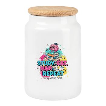Study Eat Nap Repeat - Student Academic Cycle - Cookie Jar with Wooden Lid - white - Front
