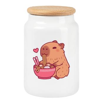 Le mignon capybara adore manger des nouilles ramen - Boîte à biscuits avec couvercle en bois - blanc - Devant