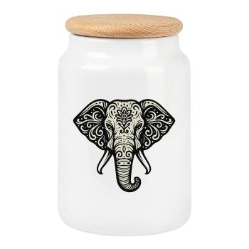 Elephant Mandala Ornament - Cookie Jar with Wooden Lid - white - Front