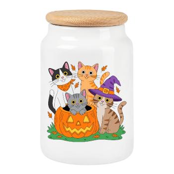 Pumpkin Cats Halloween Trio - Cookie Jar with Wooden Lid - white - Front
