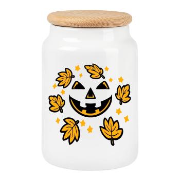 Pumpkin Face Autumn Leaves Stars Creepy Smile - Cookie Jar with Wooden Lid - white - Front