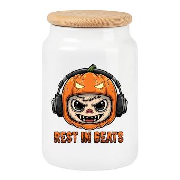Pumpkin DJ Monkey Rest Beats - Cookie Jar with Wooden Lid - white - Front