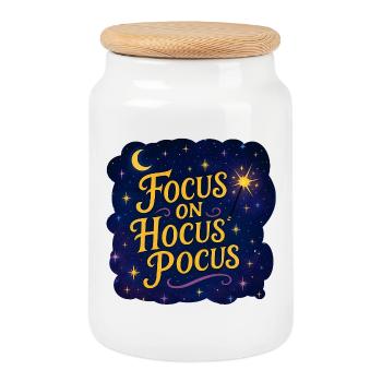 Focus sur Hocus Pocus - Conception de sorts de sorcière magique - Boîte à biscuits avec couvercle en bois - blanc - Devant