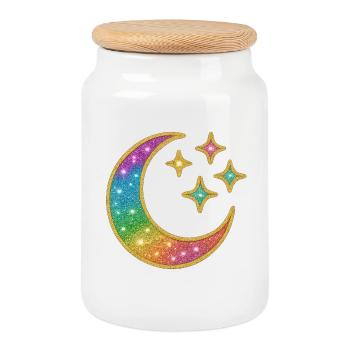 Baby Moon | Rainbow Moon Star Glitter - Cookie Jar with Wooden Lid - white - Front