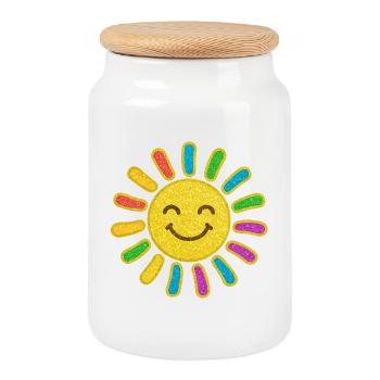 Baby Sonne | Glitzernder Sonnenschein Lächelsonne - Keksdose mit Holzdeckel - Weiß - Vorne