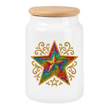 Étoile | Étoile arc-en-ciel avec ornement doré - Boîte à biscuits avec couvercle en bois - blanc - Devant
