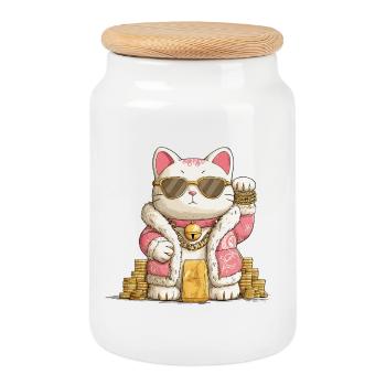 Maneki Neko doré - Boîte à biscuits avec couvercle en bois - blanc - Devant