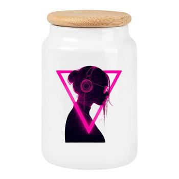 Neon Girl with Headphones - Rave Music Vibes - Cookie Jar with Wooden Lid - white - Front