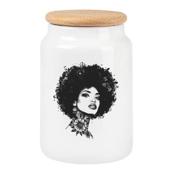 Blumen Tattoo Afro Portrait Frau Einfarbig - Keksdose mit Holzdeckel - Weiß - Vorne