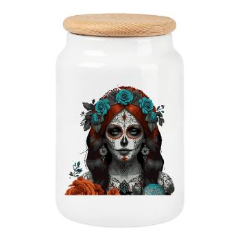 Sugar Skull Queen Portrait - Cookie Jar with Wooden Lid - white - Front