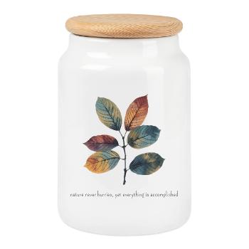 Nature Autumn Watercolor Leaves with Growth Quote - Cookie Jar with Wooden Lid - white - Front