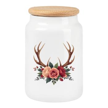 Deer Antlers & Roses - Boho Nature Design - Cookie Jar with Wooden Lid - white - Front