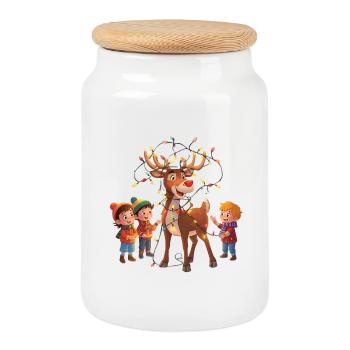 Renne avec des guirlandes lumineuses et des enfants - Boîte à biscuits avec couvercle en bois - blanc - Devant