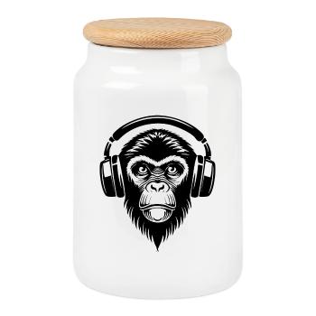 Calme dessin animé singe avec casque chemise - Boîte à biscuits avec couvercle en bois - blanc - Devant