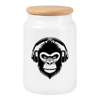 Frecher Comic-Affe mit Kopfhörern Shirt - Keksdose mit Holzdeckel - Weiß - Vorne