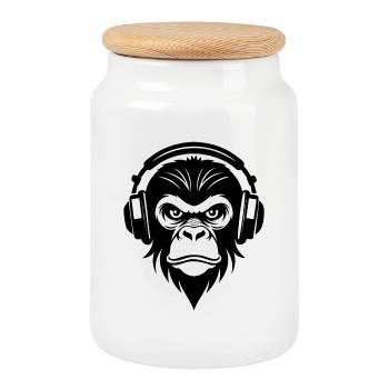 Singe de dessin animé comique sinistre avec casque T-shirt - Boîte à biscuits avec couvercle en bois - blanc - Devant