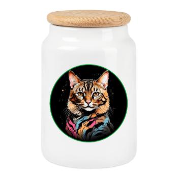 Bengalkatze mit Schal - Keksdose mit Holzdeckel - Weiß - Vorne