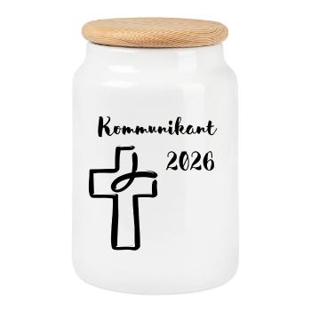 Communicant 2026 First Communion Fish Cross - Cookie Jar with Wooden Lid - white - Front