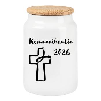 Communicant 2026 Initial Communication Fish Cross - Cookie Jar with Wooden Lid - white - Front