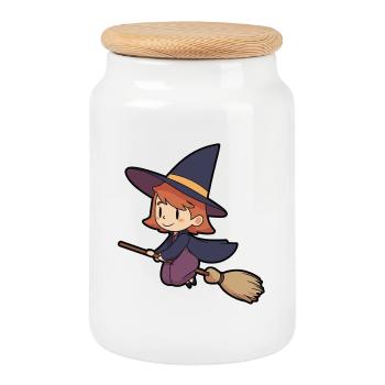 witch and her broom for the Halloween party - Cookie Jar with Wooden Lid - white - Front