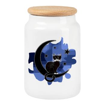 cat - Cookie Jar with Wooden Lid - white - Front