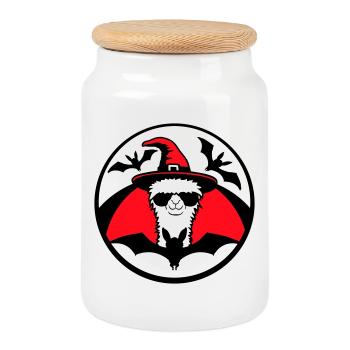 Lama Halloween Hexe Hut Fledermaus Cool Alpaka Süß - Keksdose mit Holzdeckel - Weiß - Vorne