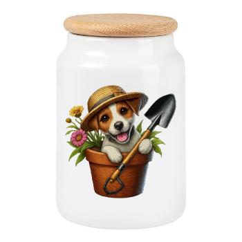 Jack Russell Terrier Blumentopf Gartendesign - Keksdose mit Holzdeckel - Weiß - Vorne