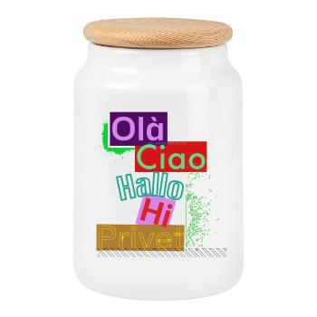 Variety of languages Colored greeting design - Cookie Jar with Wooden Lid - white - Front