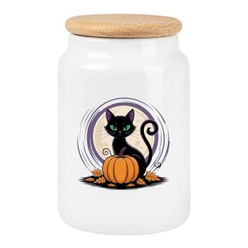 Chat au clair de lune avec citrouille - Boîte à biscuits avec couvercle en bois - blanc - Devant