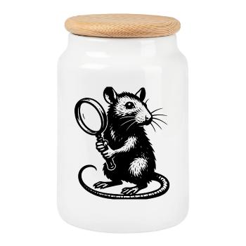 Ratte mit Lupe Motiv - Keksdose mit Holzdeckel - Weiß - Vorne