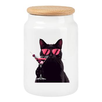 Schwarze Katze mit Pinkem Martini Cartoon - Keksdose mit Holzdeckel - Weiß - Vorne