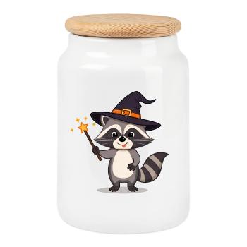 Cute Raccoon Wizard with Hat & Magic Wand - Cookie Jar with Wooden Lid - white - Front
