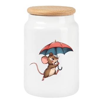 Cute Mouse with Umbrella – Rainy Autumn Day - Cookie Jar with Wooden Lid - white - Front