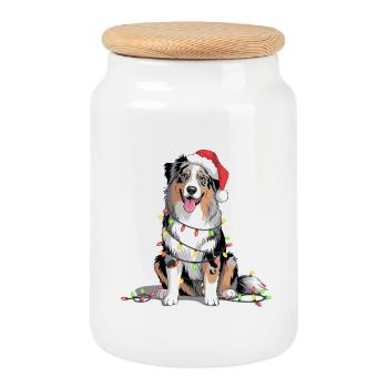 Chien de Noël avec des guirlandes lumineuses - Boîte à biscuits avec couvercle en bois - blanc - Devant