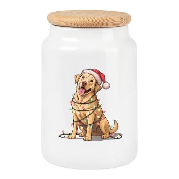 Festlicher Hund mit Lichterkette - Keksdose mit Holzdeckel - Weiß - Vorne