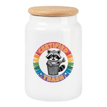 Certified Trash - Funny Raccoon T-Shirt - Cookie Jar with Wooden Lid - white - Front