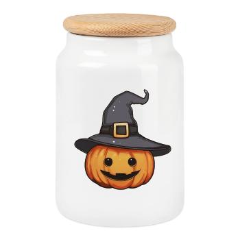pumpkin, pumpkin for Halloween - Cookie Jar with Wooden Lid - white - Front