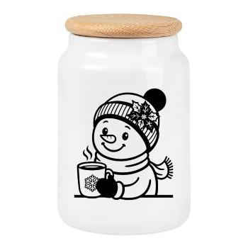 Winter Snowman T Shirt with Hot Cocoa - Cookie Jar with Wooden Lid - white - Front