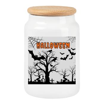 Spooky Halloween Night with Bats and Crows - Cookie Jar with Wooden Lid - white - Front