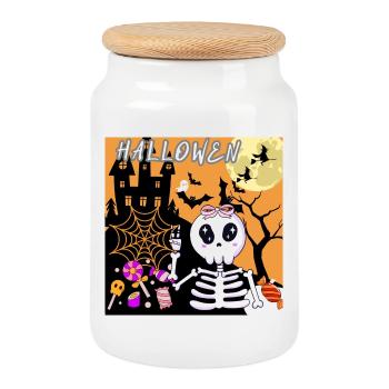 Süßes Halloween Skelett mit Süßigkeiten - Keksdose mit Holzdeckel - Weiß - Vorne