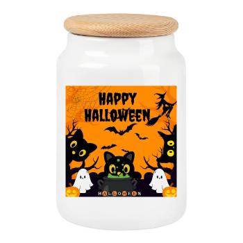 Süße Halloween-Schwarze Katzen und Geisterfreunde - Keksdose mit Holzdeckel - Weiß - Vorne