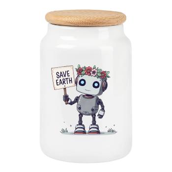 Cute Robot with Flower Crown – Save Earth - Cookie Jar with Wooden Lid - white - Front