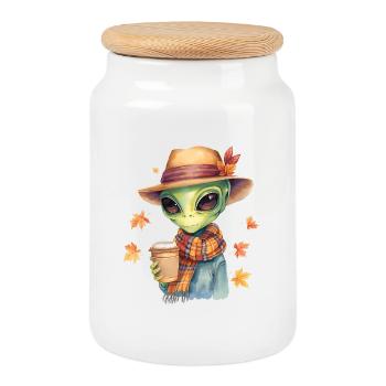 Hipster Alien with Coffee – Autumn Vibes - Cookie Jar with Wooden Lid - white - Front