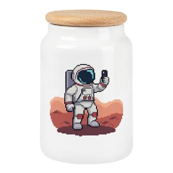Pixel Astronaut Selfie on Mars – 8-Bit Style - Cookie Jar with Wooden Lid - white - Front