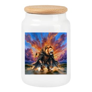 Lion Warrior with Armor and Cape - Cookie Jar with Wooden Lid - white - Front
