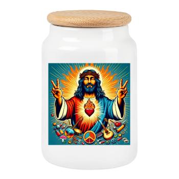 Psychedelic Peace - Jesus, burning heart - Keksdose mit Holzdeckel - Weiß - Vorne