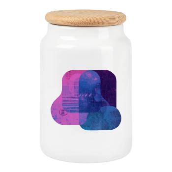 Abstract Tech Layers — Blue & Pink Digital Art - Cookie Jar with Wooden Lid - white - Front