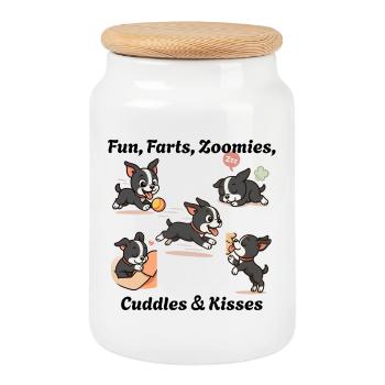 Boston - Plaisir, pets, zoomies, câlins et bisous - Boîte à biscuits avec couvercle en bois - blanc - Devant