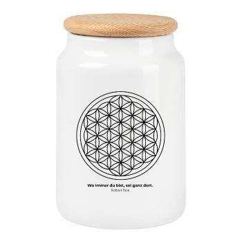 Flower of Life and Saying, Mindfulness - Cookie Jar with Wooden Lid - white - Front