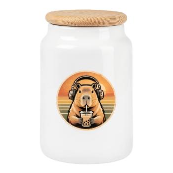 Cute Capybara Bubble Tea Kawaii Animal Gift - Cookie Jar with Wooden Lid - white - Front